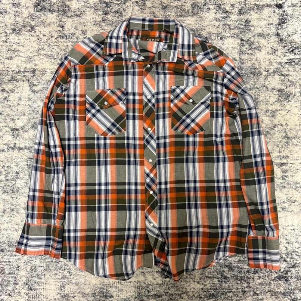 Men's Roper Plaid Green Blue Orange Large Pearl Snap‎ Button front Dress shirt